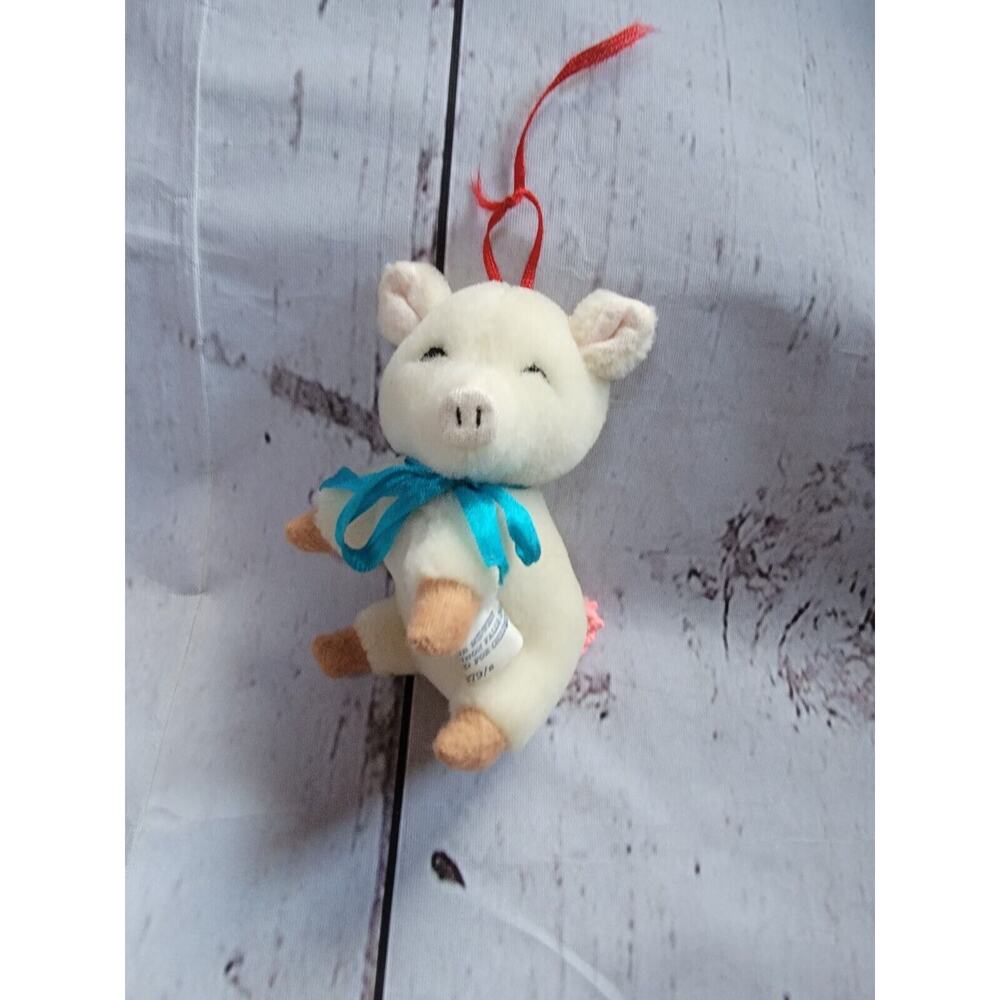 Vintage Mohair Pink Pig Yarn Tail w/ Blue Ribbon Plush Ornament 4inches
